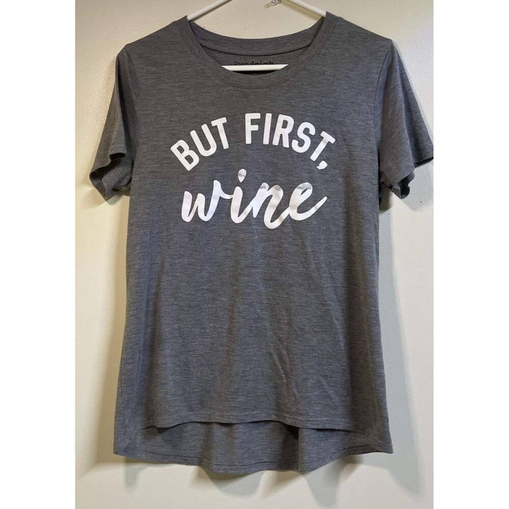 Vintage Graphic Tee Sz L Jerry Leigh Gray Crew Neck Shirt But First, Wine Hi Lo